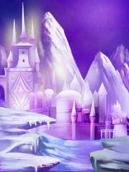 Illustration: The New Snow Palace Moved to North Pole. Fantastic Cartoon Style Scene Wallpaper Background Design.