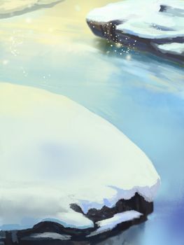 Illustration: Snow River of North Pole. Fantastic Cartoon Style Scene Wallpaper Background Design.