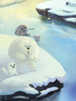 Illustration: Snow Ice River, Polar Bear, Gold Seal, Elephant Unicorn Seal. Fantastic Cartoon Style Scene Wallpaper Background Design.