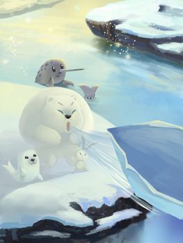 Illustration: The Polar Bear blow away a snow boat. Gold Seal, Elephant Unicorn Seal. Fantastic Cartoon Style Scene Wallpaper Background Design.