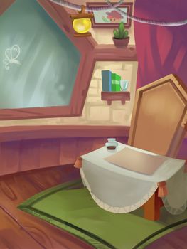 Illustration: Boy and girl's sweet studying room. Fantastic Cartoon Style Scene Wallpaper Background Design.