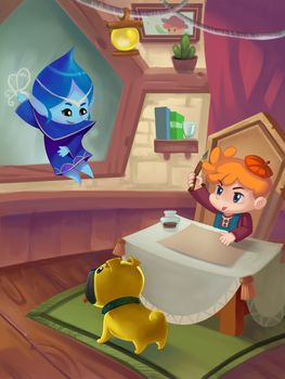 Illustration: Let me teach you. The ice girl, the boy and his dog in the study room. Fantastic Cartoon Style Scene Wallpaper Background Design.