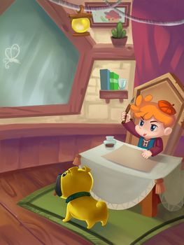 Illustration: The boy and his dog in the study room. Fantastic Cartoon Style Scene Wallpaper Background Design.