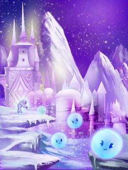 Illustration: Welcome to the new snow Palace. Fantastic Cartoon Style Scene Wallpaper Background Design.