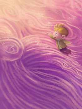 Illustration: The Kid's Dream - Where are you going? Don't leave me alone. Fantastic Cartoon Style Scene Wallpaper Background Design.