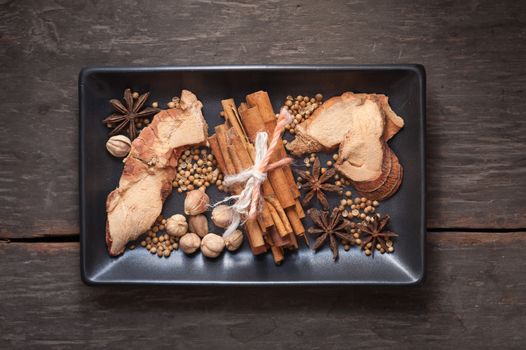The top view of five spices stewed ingredients with low key scene