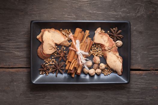The top view of five spices stewed ingredients with low key scene