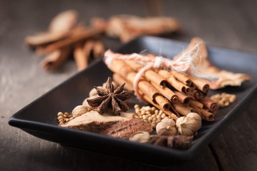 Five spices stewed ingredients with low key scene