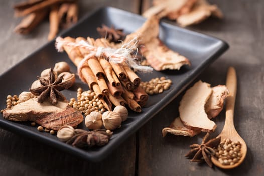 Five spices stewed ingredients with low key scene