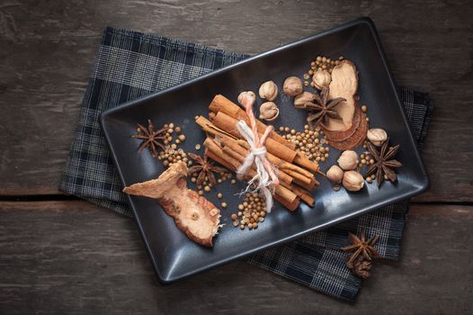 Five spices stewed ingredients with low key scene
