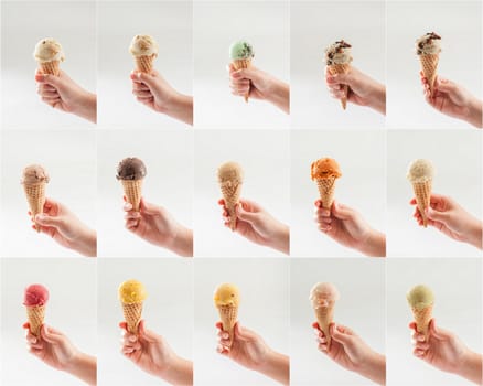 Collection of right hand holding ice cream scoop on cone