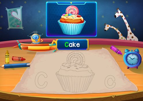 Illustration: Martian Class: C - Cake. The Martian in this picture opens a class for all Aliens. You must follow and use crayons coloring the outlines below. Fantastic Sci-Fi Cartoon Scene Design.