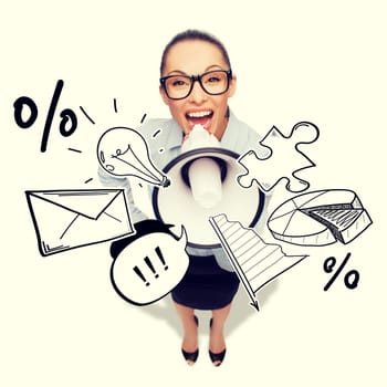 business and office concept - screaming businesswoman in eyeglasses with megaphone