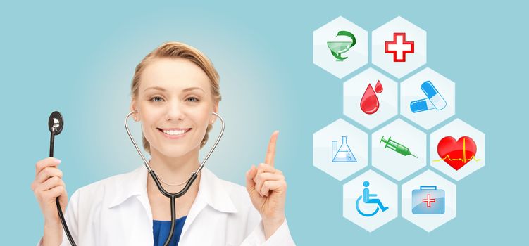 healthcare, medicine, people and symbols concept - smiling young doctor or nurse over medical icons and blue background