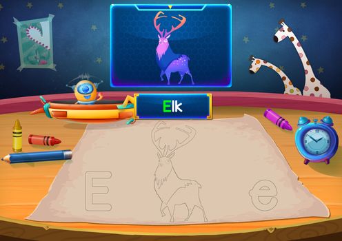 Illustration: Martian Class: E - Elk. The Martian in this picture opens a class for all Aliens. You must follow and use crayons coloring the outlines below. Fantastic Sci-Fi Cartoon Scene Design.