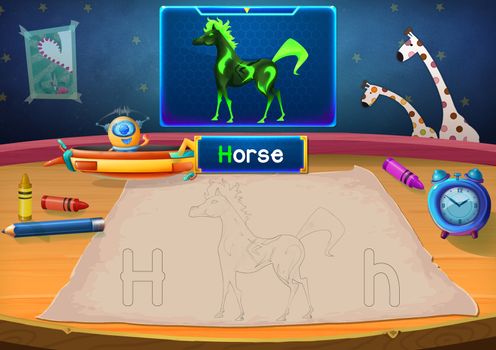 Illustration: Martian Class: H - Horse. The Martian in this picture opens a class for all Aliens. You must follow and use crayons coloring the outlines below. Fantastic Sci-Fi Cartoon Scene Design.