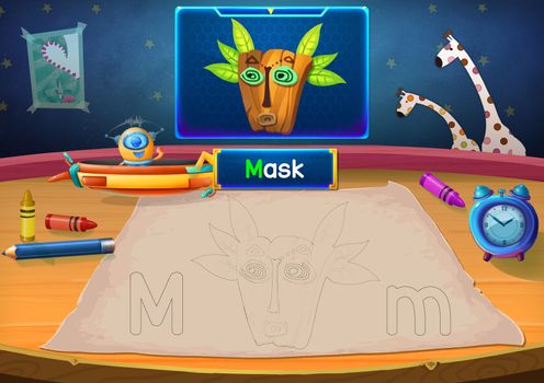 Illustration: Martian Class: M - Mask. The Martian in this picture opens a class for all Aliens. You must follow and use crayons coloring the outlines below. Fantastic Sci-Fi Cartoon Scene Design.