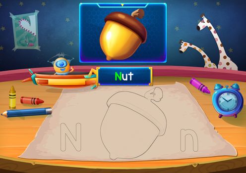Illustration: Martian Class: N - Nut. The Martian in this picture opens a class for all Aliens. You must follow and use crayons coloring the outlines below. Fantastic Sci-Fi Cartoon Scene Design.