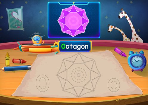 Illustration: Martian Class: O - Octagon. The Martian in this picture opens a class for all Aliens. You must follow and use crayons coloring the outlines below. Fantastic Sci-Fi Cartoon Scene Design.