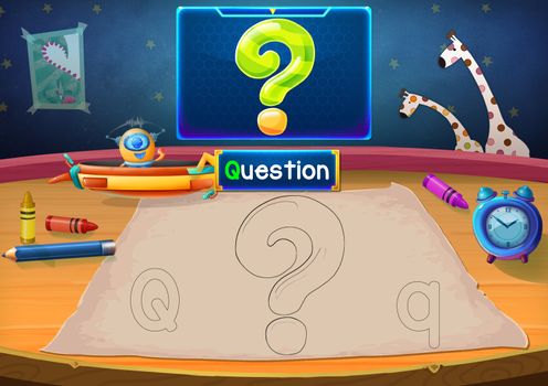 Illustration: Martian Class: Q - Question Mark. Martian in the picture opens a class for all Aliens. You must follow and use crayons coloring the outlines below. Fantastic Sci-Fi Cartoon Scene Design