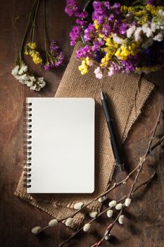 Small notepad with pen on rustic wood background with low key scene.
