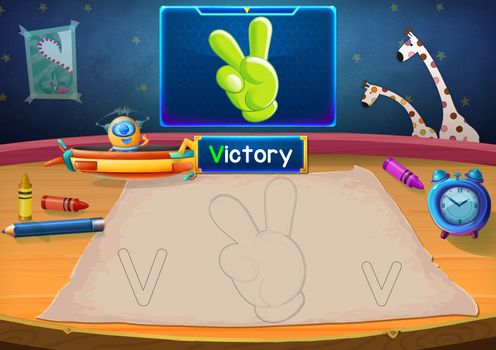 Illustration: Martian Class: V - Victory. The Martian in this picture opens a class for all Aliens. You must follow and use crayons coloring the outlines below. Fantastic Sci-Fi Cartoon Scene Design.