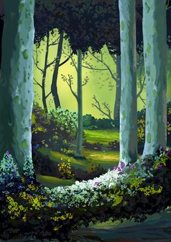 Illustration: The Forest full of Memories. Realistic Style. Scene / Wallpaper / Background Design.