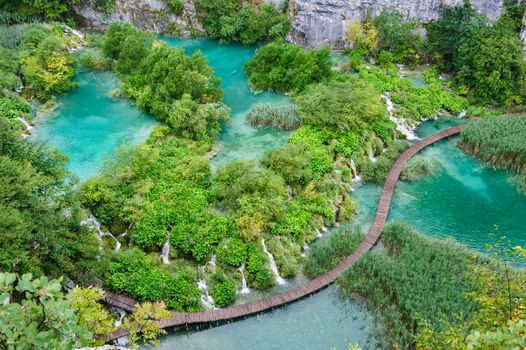 Bird view of beautiful waterfalls in Plitvice Lakes, National Park of Croatia