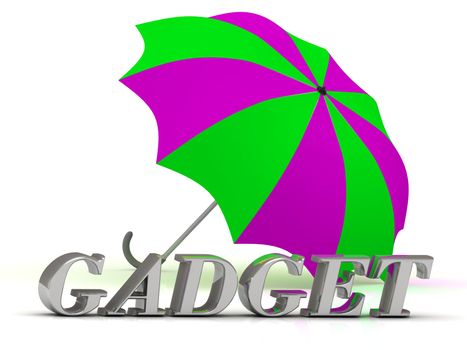 GADGET- inscription of silver letters and umbrella on white background