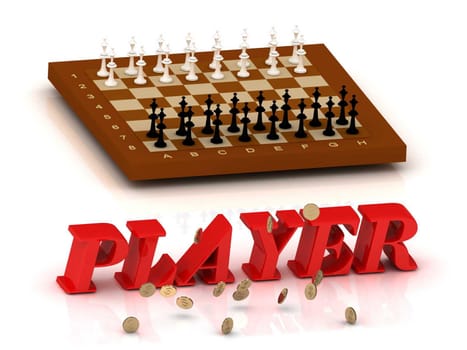 PLAYER- inscription of color letters and chess on white background