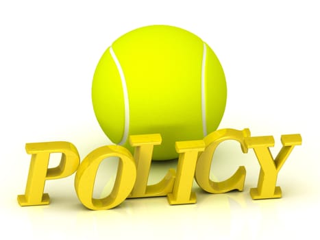 POLYCY - inscription of bright color letters and tennis ball on white background