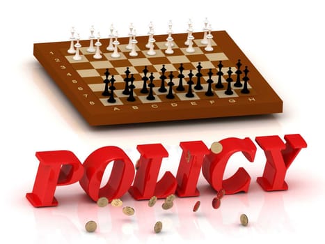 POLICY- inscription of color letters and chess on white background