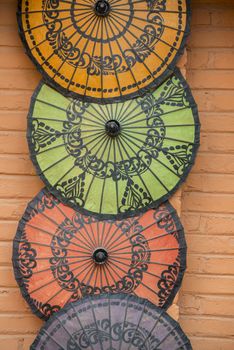 a Umbrella Souvenier Shop in New Bagan in Myanmar in Southeastasia.