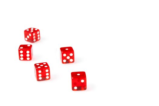 five Red dice on white background