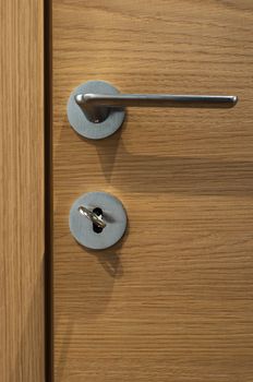 Modern, contemporary satin handle on a wooden door