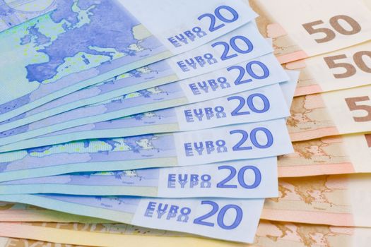 detail of  20-euro banknotes on 50-euro banknotes