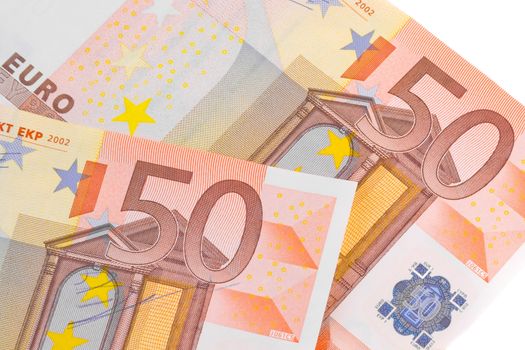 detail of  50-euro banknotes on white background