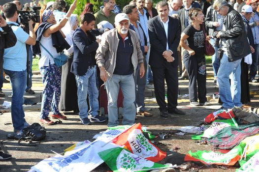 TURKEY, Ankara: Dead bodies lie on the ground after two explosions in the Turkish capital of Ankara killed nearly 100 people on October 10, 2015.The bombs went off near the main train station in the city. According to officials the bombs went off at a peace rally killing 97 and injuring 400 more.The rally was being held to call for an end to the conflict between the Turkish Government and the Kurdish PKK. As many as 14,000 people were at the rally when two suicide bombers detonated themselves in the crowd. No group has claimed responsibility yet for the attack. The death toll is expected to climb.