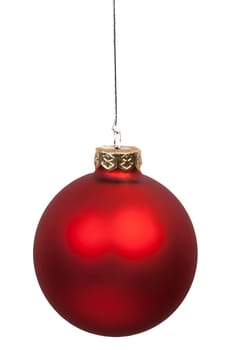 close up of christmas red ball hanging on white background