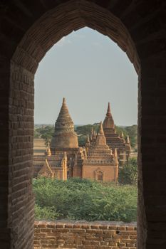 the Temple and Pagoda Fields in Bagan in Myanmar in Southeastasia.