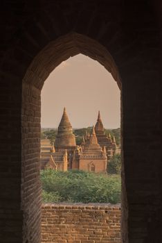 the Temple and Pagoda Fields in Bagan in Myanmar in Southeastasia.