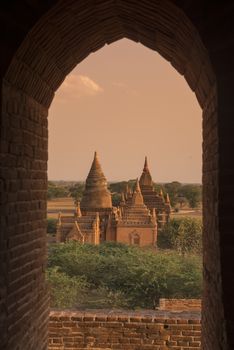 the Temple and Pagoda Fields in Bagan in Myanmar in Southeastasia.