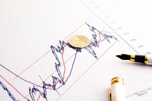 detail of euro coin on financial spread btp bund chart 