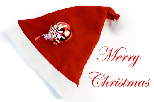 christmas hat and decoration ball on white background with space for text