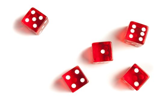 five red dice view from above on white background