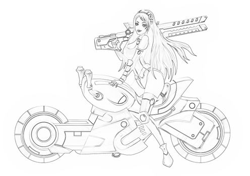 Illustration: Coloring Book Series: The Beautiful Bounty Hunter and Her Motorcycle. Soft thin line. Print it and bring it to Life with Color! Fantastic Outline / Sketch / Line Art Design.