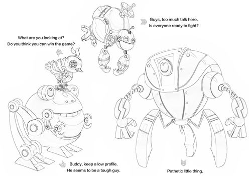 Illustration: Coloring Book Series: Robot Competition, the Fight Begins. Soft thin line. Print it and bring it to Life with Color! Fantastic Outline / Sketch / Line Art Design.