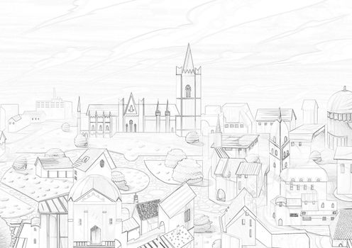Illustration: Coloring Book Series: Sunset Town. It is made in soft thin line. Print it on A4 paper and you can bring it to Life with Color! Outline / Sketch / Line Art Design in a Fantastic Style.