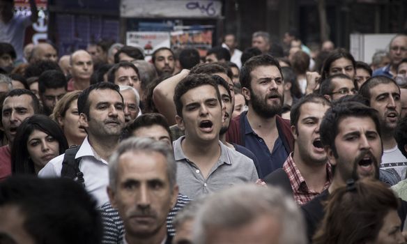 TURKEY, Izmir: Labor organizations and civil society organizations gathered in Izmir, Turkey on October 10, 2015 after explosions killed nearly 100 people in Ankara earlier in the day.Two bombs went off near the main train station in the city. According to officials the bombs went off at a peace rally killing 97 and injuring 400 more.These images show people at the rally demanding justice. Several people at the rally were taken into custody after clashing with police.