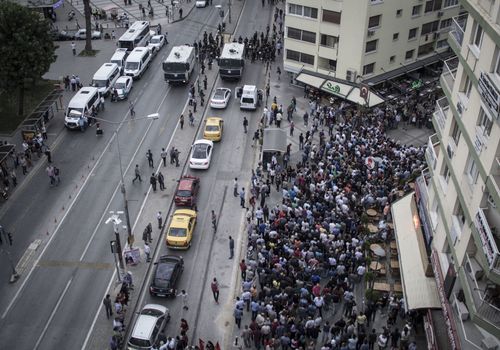 TURKEY, Izmir: Labor organizations and civil society organizations gathered in Izmir, Turkey on October 10, 2015 after explosions killed nearly 100 people in Ankara earlier in the day.Two bombs went off near the main train station in the city. According to officials the bombs went off at a peace rally killing 97 and injuring 400 more.These images show people at the rally demanding justice. Several people at the rally were taken into custody after clashing with police.